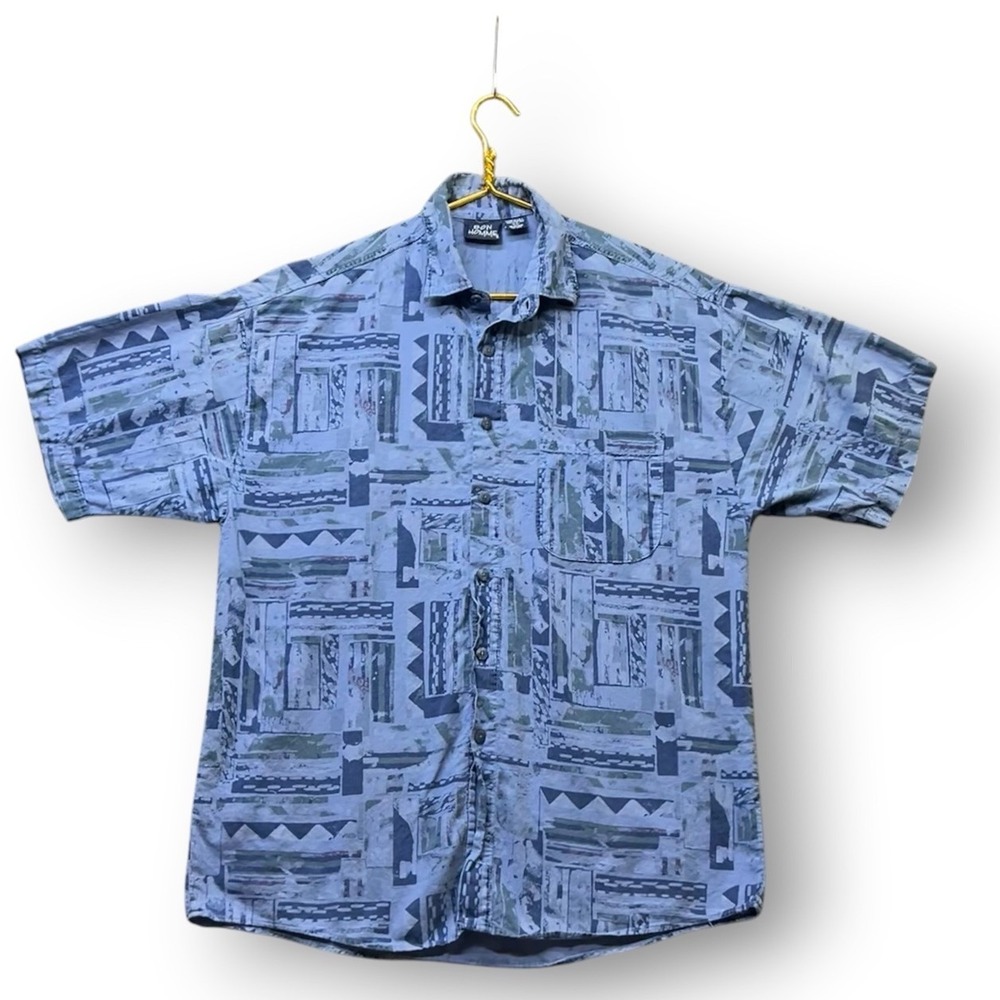 Vintage Bon Homme Abstract Geometric Shirt USA Blue Button Up Camp 90s Mens M
